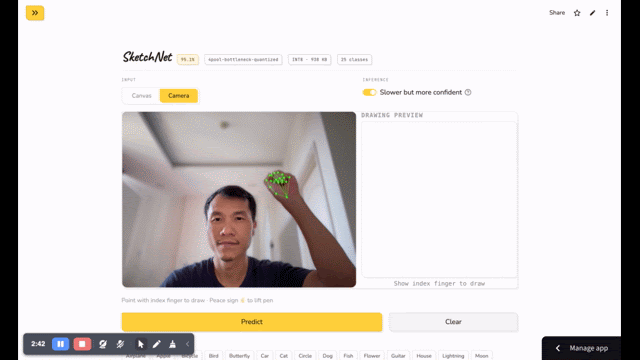 Camera mode. Point at a hand-drawn sketch and get a live prediction.