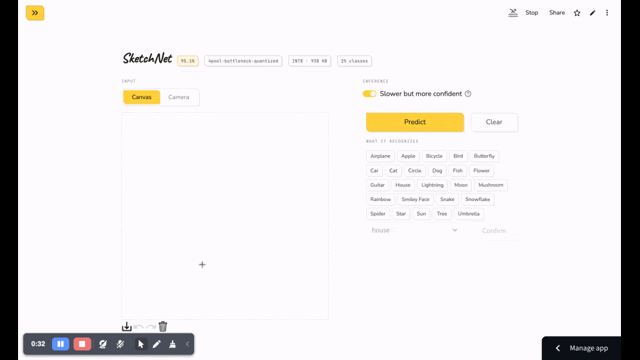 Canvas drawing mode. Sketch in the browser and watch the model predict in real time.